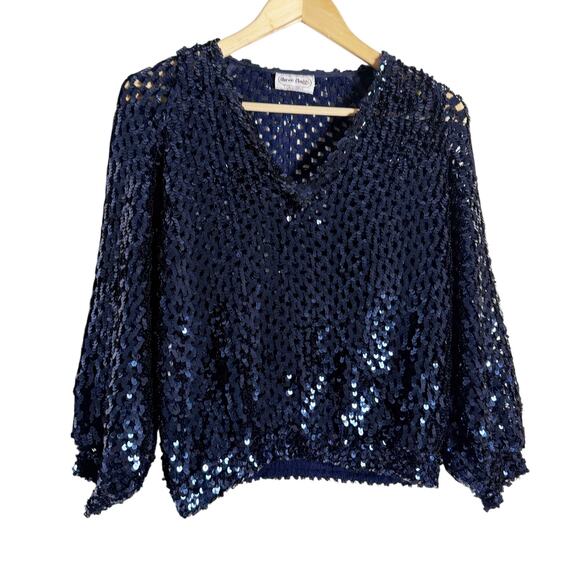 Vintage Three Flaggs Navy Sequin Embellished Crochet V-Neck Pullover Size Small - Picture 1 of 7